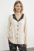 Açık Yaka Düğmeli Pijama Takım - Bej - 5