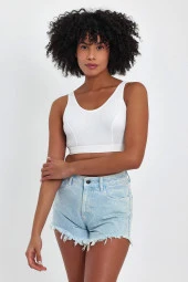 Basic Ekru Fitilli Mikro Kumaş Crop - 5