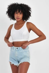 Basic Ekru Fitilli Mikro Kumaş Crop - 7