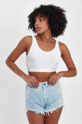 Basic Ekru Fitilli Mikro Kumaş Crop - 8