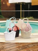 Arma House Örgü Desenli Küçük Boy Bej Rengi Plastik Plaj Çantası thumbnail 4