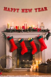 Kırmızı Happy New Year Yazılı Banner, Özel Gün, Davet Organizasyonu ,Yeni Yıl, Yılbaşı Sofrası, Simli Eva Banner thumbnail 1