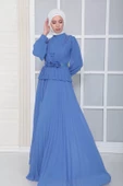 Omuz Ve Kemer Detaylı Pliseli Tesettür Abiye Elbise 816-İndigo thumbnail 3