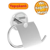 WC Kağıt Standı Yapışkanlı Tuvalet Kağıtlık Aparat Kapaklı Paslanmaz Metal Sağlam Krom thumbnail 1