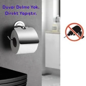 WC Kağıt Standı Yapışkanlı Tuvalet Kağıtlık Aparat Kapaklı Paslanmaz Metal Sağlam Krom thumbnail 3