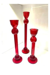 Kırmızı Cam Şamdan & Mumluk 3 Lü - 1