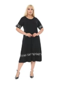Melsay Butik Çizgi Şeritli Siyah Kadın Büyük Beden Midi Elbise thumbnail 2