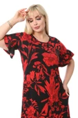 Melsay Butik Kırmızı Palmiye Fırfırlı Kısa Kollu Kadın Midi Elbise - 6