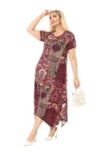 Melsay Butik Bordo Etnik Desen Asimetrik Kısa Kollu Uzun Elbise - 3