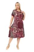 Melsay Butik Bordo Etnik Desen Kısa Kollu Büyük Beden Midi Elbise thumbnail 2
