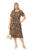 Melsay Butik Büyük Leopar Desenli Kısa Kollu Büyük Beden Midi Elbise thumbnail 1