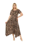 Melsay Butik Büyük Leopar Desen Asimetrik Kısa Kollu Uzun Elbise thumbnail 1