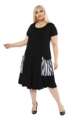 Melsay Butik Balon Cepli Çizgi Desen Kısa Kollu Midi Elbise - 1