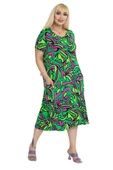 Melsay Butik Yeşil Jungle Desen Kuplu Cepli Kısa Kollu Kadın Midi Elbise thumbnail 1
