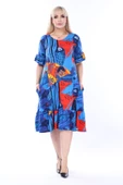 Melsay Butik Mavi Balık Desen Fırfırlı Kısa Kollu Kadın Midi Elbise thumbnail 1