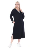 Melsay Butik Siyah Yakası Şeritli V Yaka Sweat Büyük Beden Elbise - 4