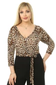 Melsay Butik Kruvaze Yaka Leopar Desen Büyük Beden Kadın Tulum - 2
