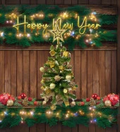 Masaüstü Dore- Altın Konsept Süslü Çam Ağacı 40 cm, Kütüklü Jütlü 25 parça Süs ve Işık thumbnail 3