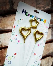 VIP GOLD HEART CANDLE 2 ADET METALİK GOLD KALPLİ PASTA MUMU 1 ADET YILDIZ MUM KALPLİ DOĞUM GÜNÜ MUMU - 1