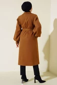 Balon Kol Kaşe Düğmeli Kaban Camel thumbnail 3