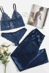 Modalivin Dantel Sütyen Külot Saten Pijama Alt 3 lü Takım Lacivert - 1