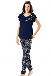 Modalivin Papatya Desenli Lacivert İkili Penye Gecelik Pijama Takımı - 1