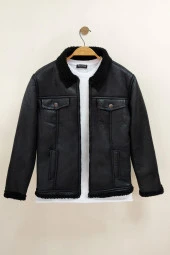 Erkek İçi Kürklü Slim Fit Premium Suni Deri Mont Siyah Edw017 - 1
