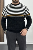 Erkek Çizgili Bisiklet Yaka Slim Fit Triko Kazak Siyah Edw019 - 1