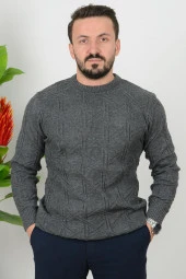 Erkek Desenli Bisiklet Yaka Slim Fit Triko Kazak Antrasit Edw018 - 1