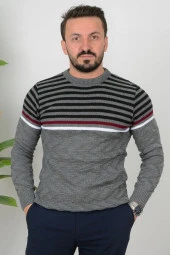 Erkek Çizgili Bisiklet Yaka Slim Fit Triko Kazak Gri Edw019 - 1