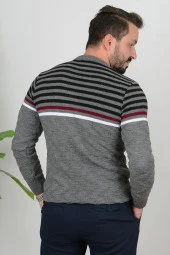 Erkek Çizgili Bisiklet Yaka Slim Fit Triko Kazak Gri Edw019 - 3