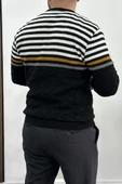 Erkek Çizgili Bisiklet Yaka Slim Fit Triko Kazak Siyah Edw019 - 3