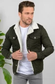 Erkek Slim Fit Cepli İçi Kürklü Düğmeli Kot Ceket Yeşil PR113 - 1