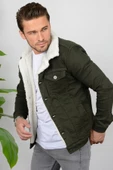 Erkek Slim Fit Cepli İçi Kürklü Düğmeli Kot Ceket Yeşil PR113 - 2