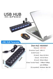 Ancheyn 7 Port USB Çoklayıcı Çoğaltıcı Işıklı Hub USB 2.0 Switch Splitter 4874 - 4