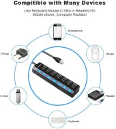 Ancheyn 7 Port USB Çoklayıcı Çoğaltıcı Işıklı Hub USB 2.0 Switch Splitter 4874 - 5