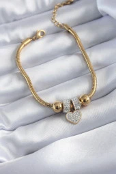 316L Çelik Gold Renk 3lü Zincir Model Minimal Topçuk Detay Kadın Bileklik thumbnail 1