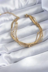 316L Çelik Gold Renk 3lü Zincir Model Minimal Topçuk Detay Kadın Bileklik thumbnail 2