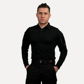 Siyah Uzun Kollu Taktik Polo Yaka Tişört, 2 Cepli Uzun Kollu T-shirt - 1