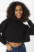 Basic Siyah Kapüşonlu Crop Sweatshirt thumbnail 4