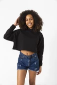 Basic Siyah Kapüşonlu Crop Sweatshirt thumbnail 1