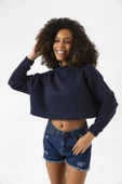 Basic Lacivert Kapüşonlu Crop Sweatshirt - 1