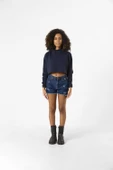 Basic Lacivert Kapüşonlu Crop Sweatshirt - 4