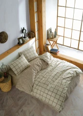 Cozy Home Çift Kişilik Lastikli Çarşaflı Nevresim Takımı Kare Krem thumbnail 2