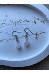 Oval Pembe Kuvars Doğal Taş Kancalı Küpe - 1