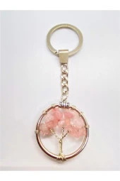 Pembe Kuvars Doğal Taş Hayat Ağacı Anahtarlık Ve Zincir Orjinal Doğal Taş Hediyelik - 1