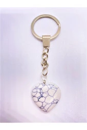 Beyaz Havlit Taşı Doğal Taş Kalp Anahtarlık Hediyelik - 1