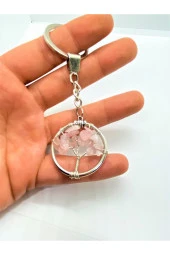 Pembe Kuvars Doğal Taş Hayat Ağacı Anahtarlık Ve Zincir Orjinal Doğal Taş Hediyelik - 2