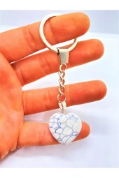 Beyaz Havlit Taşı Doğal Taş Kalp Anahtarlık Hediyelik - 2