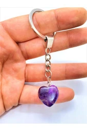 Ametist Taşı Doğal Taş Kalp Anahtarlık Hediyelik - 2
